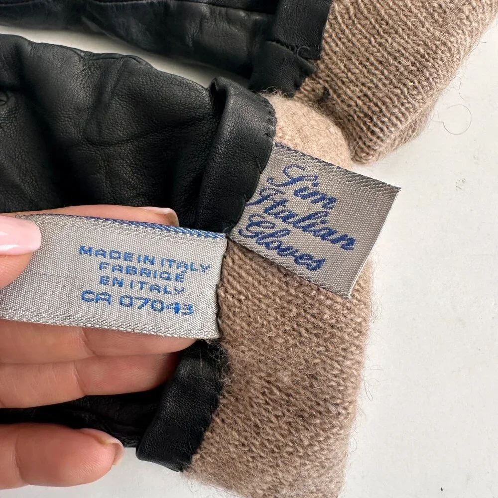Genuine Italian Leather Women's Gloves W/ Woven Brown Accent & Cashmere Lining